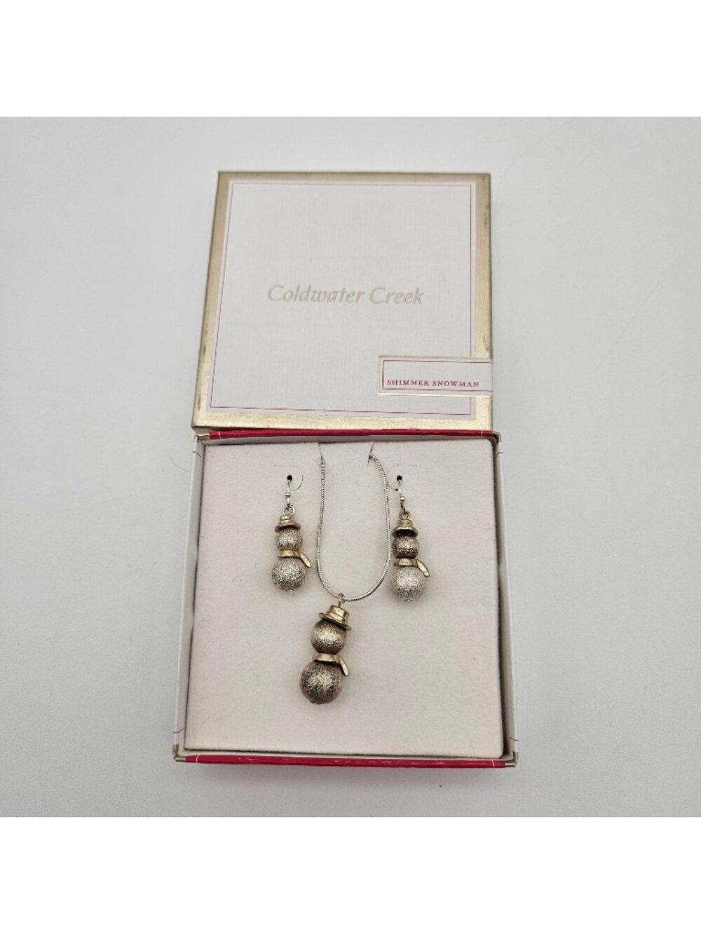 Vintage Coldwater Creek Gold Tone Shimmer Snowman Pendant Necklace Earrings Set